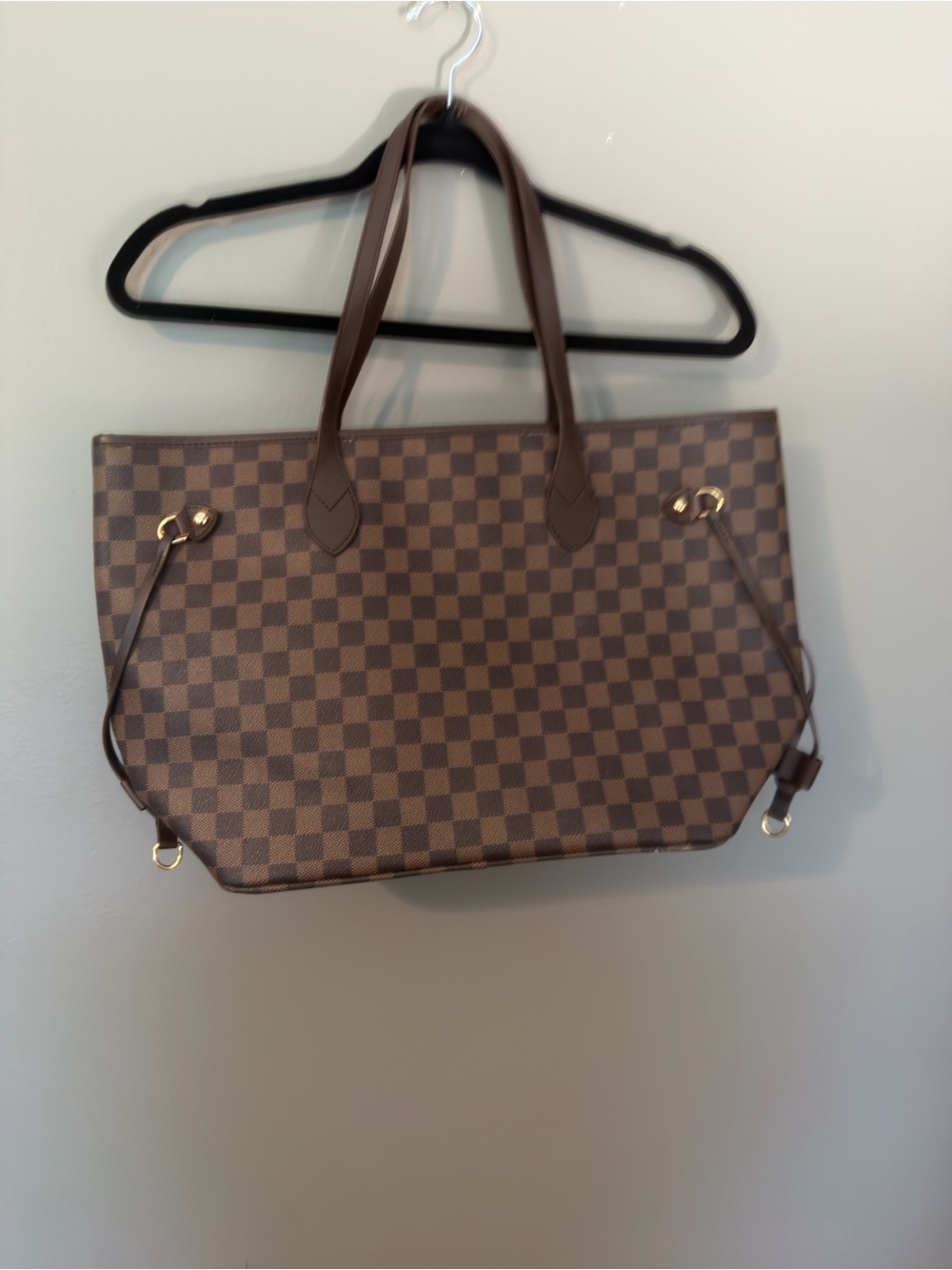 Checker-Pattern Brown Tote Bag with Gold Accents